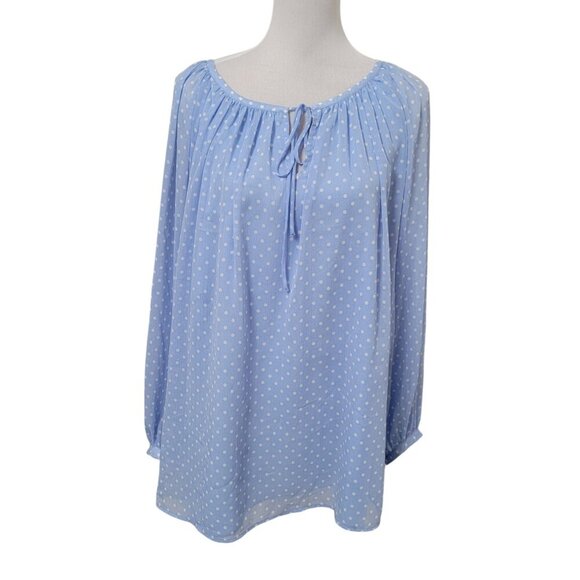 Talbots Size 1X Shirred Tie Neck Top, Dotted Pattern. Light Blue with White. - Picture 1 of 12
